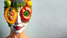 Eccentric Face Portrait Of Person Composed Of Fruits And Vegetables. Unusual Human Face Made With Food. Offbeat Image With Free Copy Space. Generative AI