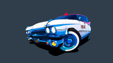 White Cartoon Car. Classic American Car. Ambulance On A Grey Background 3D Rendering.