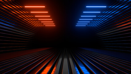 Wall Mural - sci fi neon glowing lines in a dark tunnel. reflections on the floor and ceiling. 3d rendering image