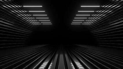 Wall Mural - Sci Fi neon glowing lines in a dark tunnel. Reflections on the floor and ceiling. 3d rendering image. Abstract glowing lines. Technology futuristic background.