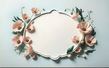 Abstract Vintage White Frame With Pink Poppies Cloud Shapes On A Light Blue Background. Minimal Composition Of The Border. Generative AI , Photo, Ai Floral 3d Frame, Ai Floral Frame, Ai Generative
