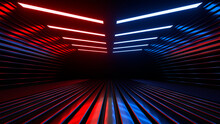 Sci Fi Neon Glowing Lines In A Dark Tunnel. Reflections On The Floor And Ceiling. 3d Rendering Image. Abstract Glowing Lines. Technology Futuristic Background.