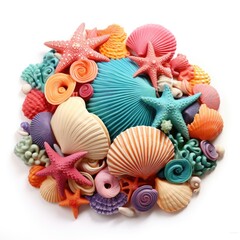 Wall Mural - A pile of sea shells and starfishs on a white surface.