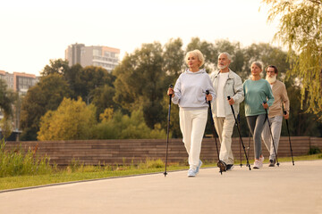 Poster - Group of senior people performing Nordic walking outdoors, space for text. Low angle view