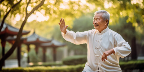 A man in a white shirt is doing a taido.