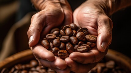 A person holding a bowl of coffee beans. Generative AI.