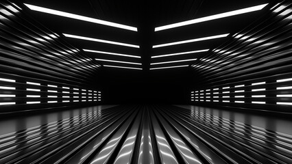 Wall Mural - Sci Fi neon glowing lines in a dark tunnel. Reflections on the floor and ceiling. 3d rendering image. Abstract glowing lines. Technology futuristic background.