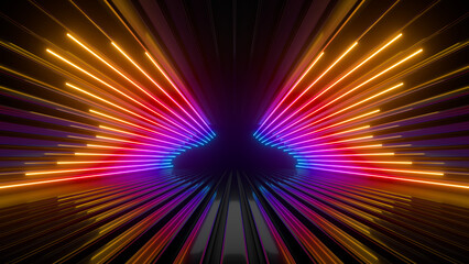 Wall Mural - sci fi neon glowing lines in a dark tunnel. reflections on the floor and ceiling. 3d rendering image
