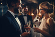 Man and woman at an elegant cocktail party hold champagne glasses and smile