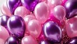 Beautiful purple and pink balloons in various birthday shapes, no background, set against white
