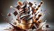 A swirl of vanilla and chocolate soft serve ice cream in a crispy waffle cone with chunks of chocolate and wafer rolls floating amidst splashes of milk and chocolate - Generative AI