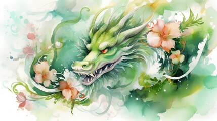 Naklejka na meble A Watercolor painting for Happy Chinese New Year Powerful green dragon Scary and awe-inspiring. Chinese Watercolor painting art. Chinese New Year concept. New Year greeting card background.