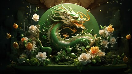 Wall Mural - A 3D illustration for Powerful green 3D dragon Scary and awe-inspiring. Chinese 3D art. Chinese New Year 2024 concept. New Year greeting card background.