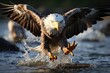 Realistic Image of Bird Eagles Attack Fish, Ready for Hunting Rocks Generative AI