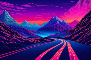 Sticker - landscape with mountains, trendy neon synth wave background with sunset sky, road and mountains, retro abstract background. retro wave scene ai generated image