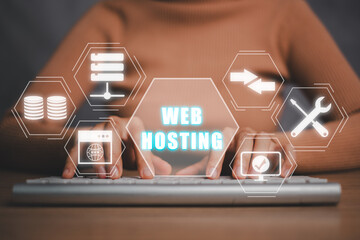 Wall Mural - web hosting concept, business woman typing keyboard computer on office desk wih web hosting icon on 