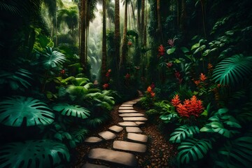 Canvas Print - **tropical vintage botanical landscape footpath in the jungle with colorful flowers background  exotic green jungle background and wallpaper, forest, rainforest, plants--