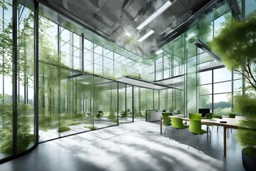 Sticker - eco-friendly glass office featuring sustainable building with green environment and trees-