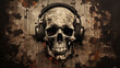 A gritty, grunge-style illustration featuring a skull rocking out with headphones. 