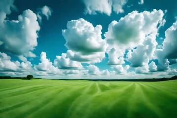 Wall Mural - beautiful nature scenic panorama green field of cut grass into and blue sky with clouds on horizon. perfect green lawn on summer sunny day-