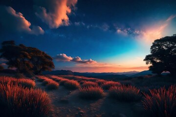 Wall Mural - dreamlike gradient sky at night time with nature landscape,idea for background wallpaper, generative al-