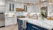 © Rabiyah - A luxurious white and blue kitchen with gold hardware, Bosch and Samsung stainless steel appliances, and white marbled granite counter tops. (2)