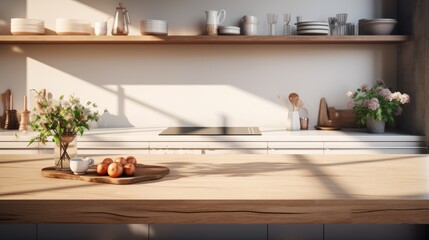 A kitchen environment in the style of a chic modern counter setting bathed in soft.