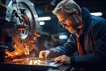 Poster - Operating the heavy machinery with caution, A milling machine operator works in a factory, Universal lathe operator.