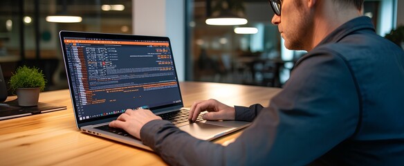 an ai expert developing complex algorithms. his laptop screen is filled with intricate code. generat