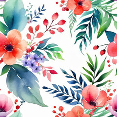 Wall Mural - Watercolor Floral seamless pattern on white background