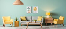 Cozy Living Room With Geometric Carpet, Pastel Lamps, Wooden Table, And Chairs In Yellow, Mint, And Grey, Along With A Wall Poster.
