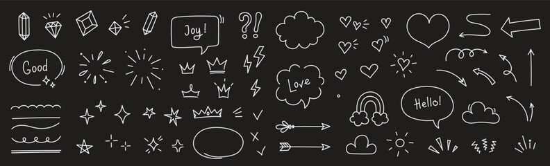 Aufkleber - Sketch line arrow element, star, heart shape on chalkboard background. Hand drawn doodle sketch style circle, cloud speech bubble grunge element. Arrow, star, heart decoration. Vector illustration