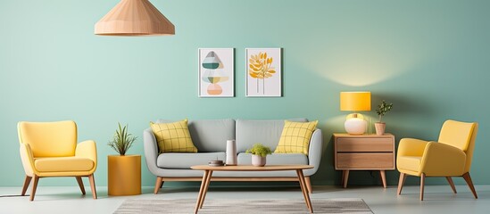 Wall Mural - Cozy living room with geometric carpet, pastel lamps, wooden table, and chairs in yellow, mint, and grey, along with a wall poster.