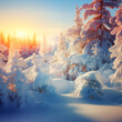 Paysage hivernale. Forêt de sapins sous la neige au lever du soleil par une belle journée d'hiver froide avec des tons jaune dorés, bleus et roses