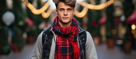 Poster - Christmas-themed shirt model wearing a white t-shirt with a buffalo plaid scarf, boots, and jeans.