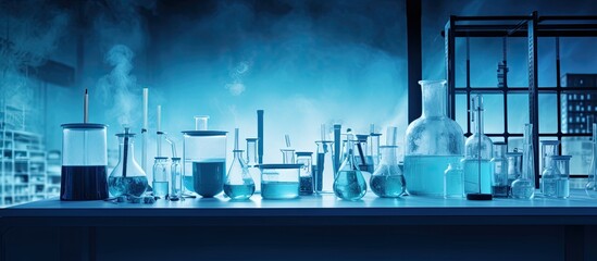 Wall Mural - Scientist's shadow, flask, equipment in medical lab, blue banner background.