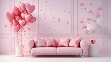Interior Of Living Room With Sofa And Decor For Valentine's Day With Pink And Red Hearts And Copy Space Background