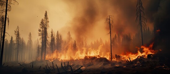 Canvas Print - Uncontrolled forest fire caused by a tourist's burner, emitting gray smoke and endangering nature through uncontrolled burning.