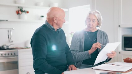 Sticker - Senior couple, angry for bills and debt, financial stress or budget risk with paperwork and frustrated at home. Elderly woman questions man with documents, loan and bankruptcy or mortgage letter