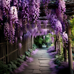 Wall Mural - A garden pathway with overhanging wisteria