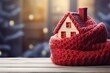 Red knitted house on wooden table in front of christmas tree