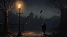 A Lone Traveler With His Crow In A Dark Alley, A Street Lamp Illuminates The Figure Of A Tramp