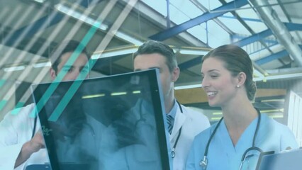 Wall Mural - Animation of data processing over diverse doctors with x ray scan