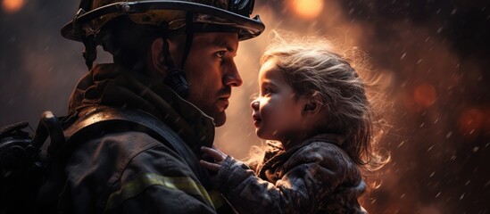 Poster - The courageous firefighter rescued a child from a hazardous location filled with smoke.