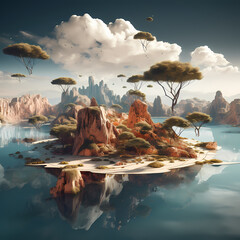 Wall Mural - A surreal desert landscape with floating islands.