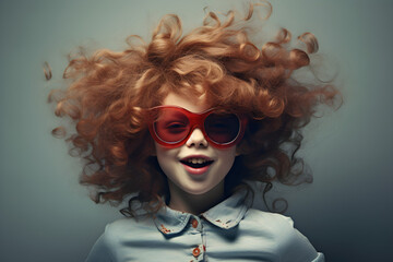 Wall Mural - funny studio portrait of young redhead girl wearing sunglasses