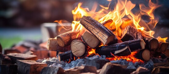 Poster - Stacked firewood in the grill ignites, preparing coals for open-air barbecue cooking.