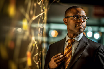 portrait of beautiful mature black business man in front of a information whiteboard