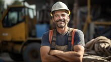 Portrait Of A Skilled Construction Worker Smiling, With A Construction Site And Equipment In The Background