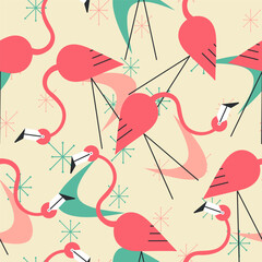 1950s Mid Century Modern Atomic Era Flamingos Cosmic Starbursts seamless pattern. Retro fifties vector background